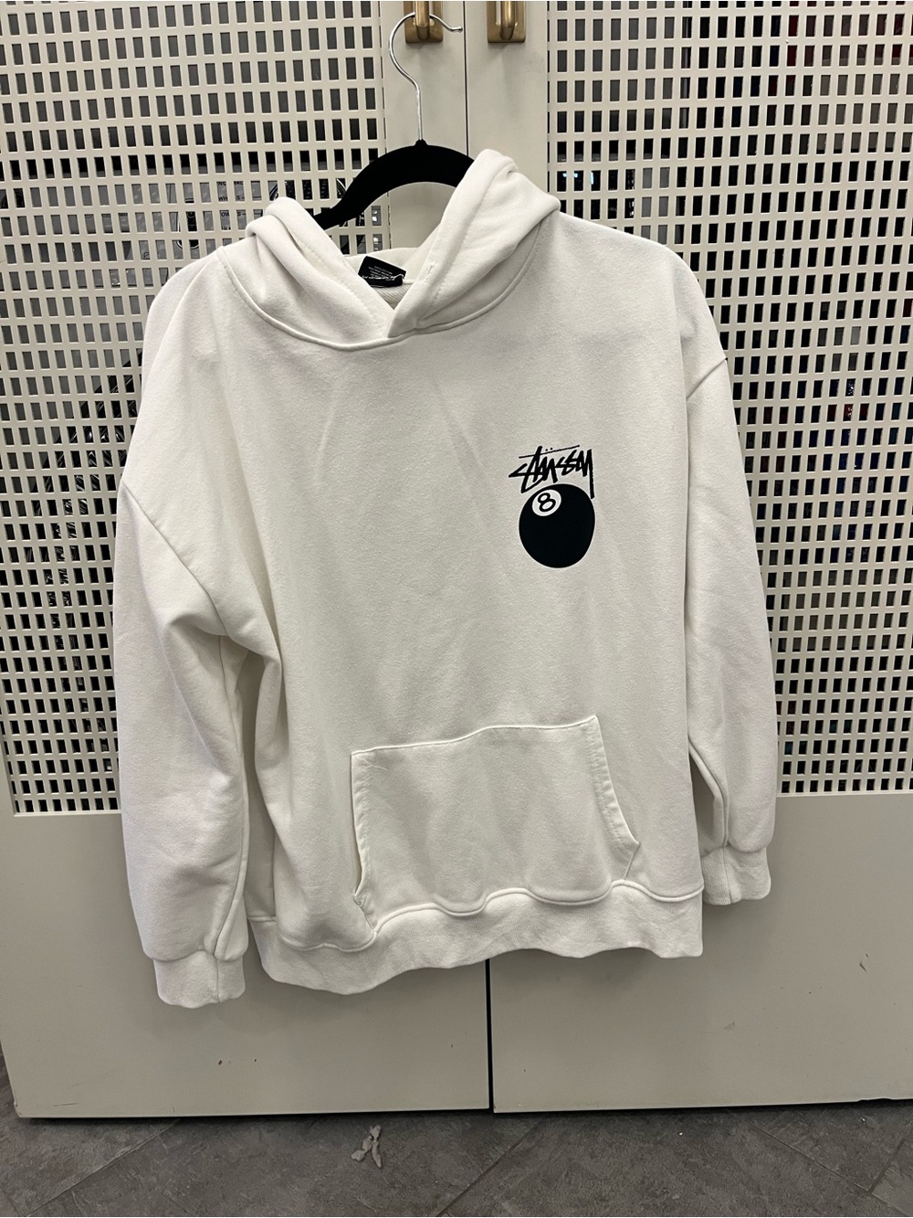 Stüssy 8 Ball Hoodie White Black Logo Size Small Oversized Streetwear